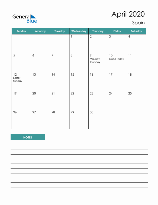 Calendar with Notes Printable - Sunday Start