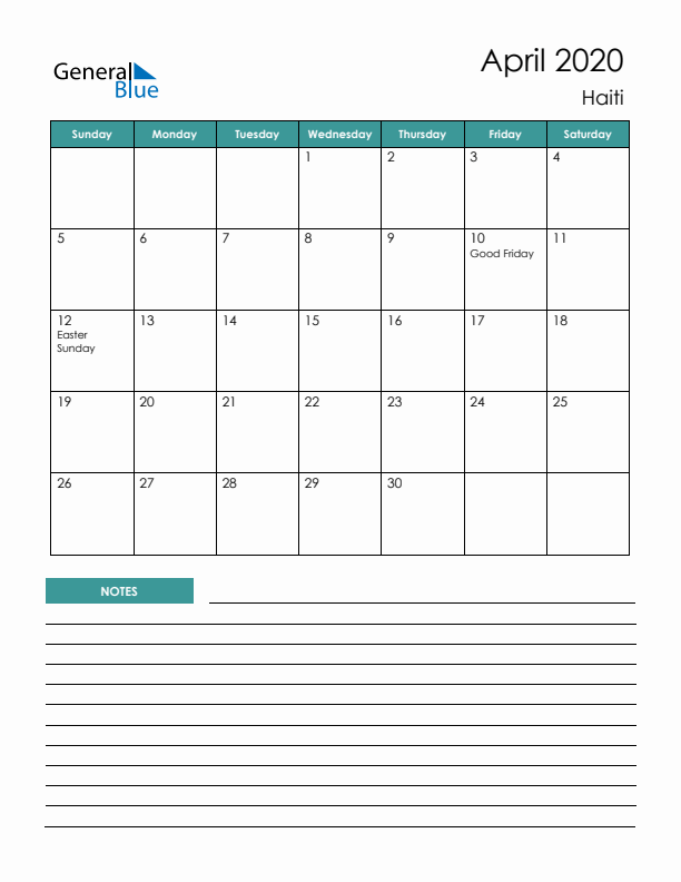 Calendar with Notes Printable - Sunday Start