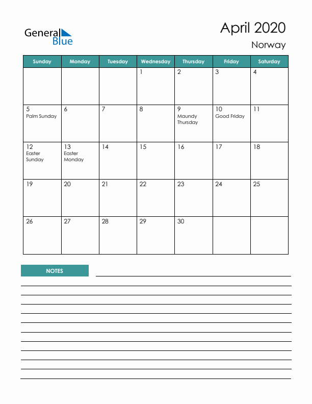 Calendar with Notes Printable - Sunday Start