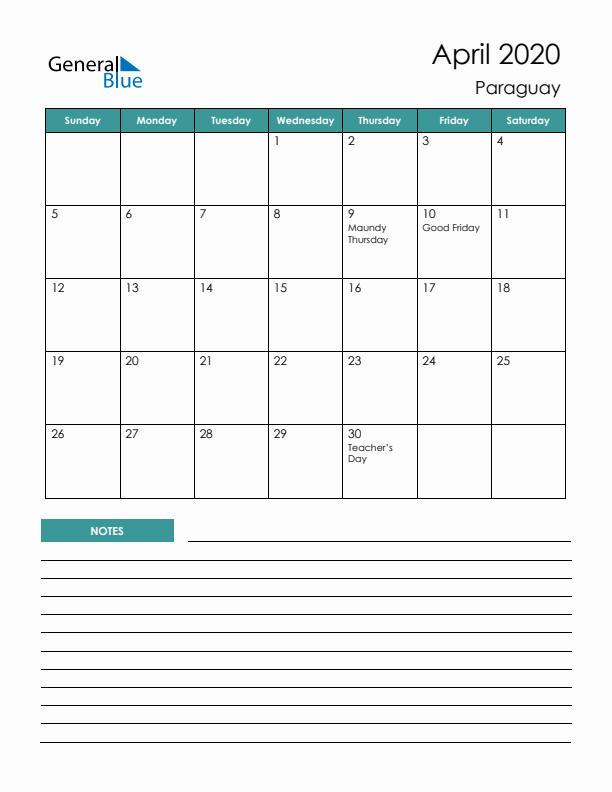 Calendar with Notes Printable - Sunday Start