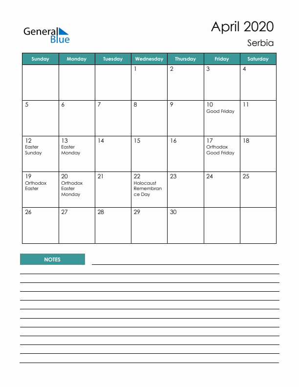 Calendar with Notes Printable - Sunday Start