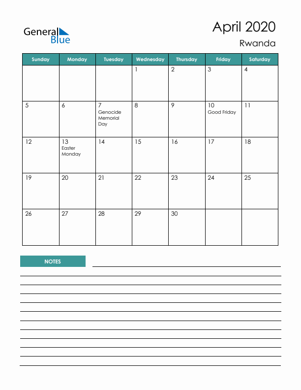 Calendar with Notes Printable - Sunday Start