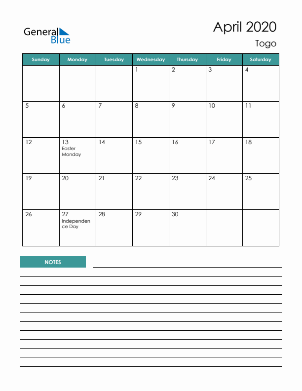 Calendar with Notes Printable - Sunday Start