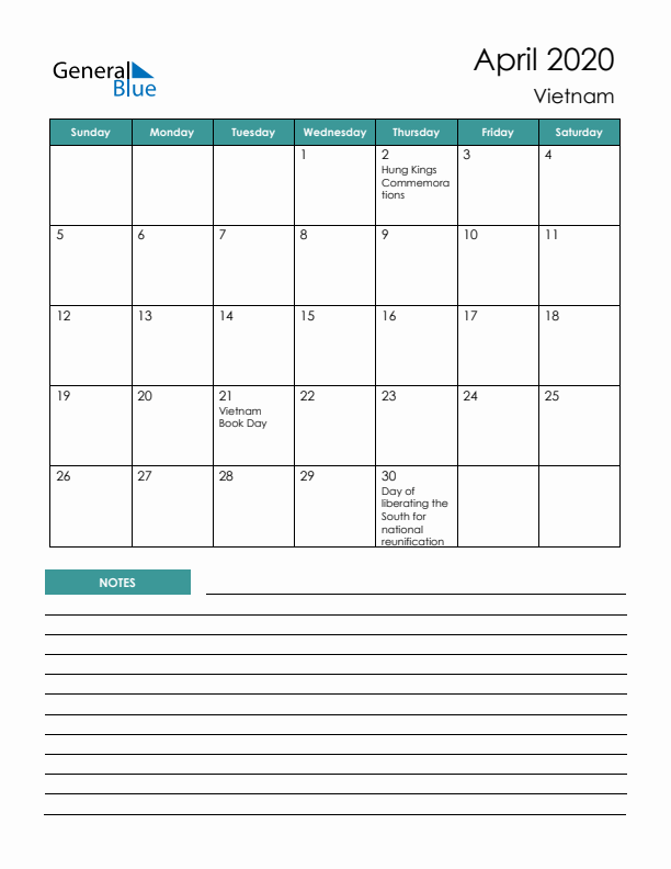 Calendar with Notes Printable - Sunday Start