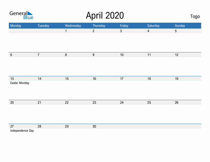 Fillable April 2020 Calendar