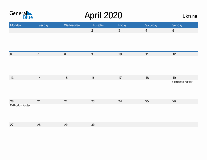 Fillable April 2020 Calendar