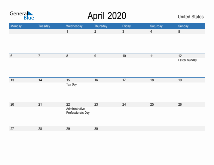 Fillable April 2020 Calendar