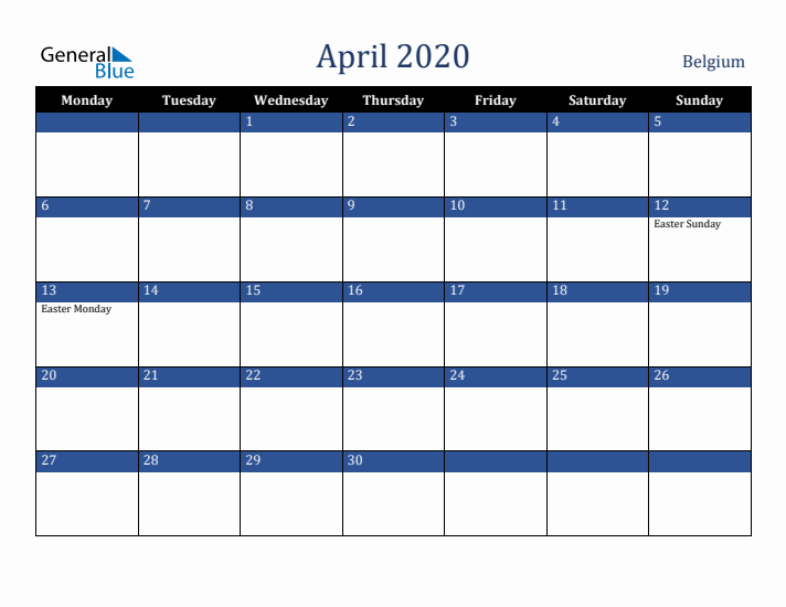 April 2020 Belgium Calendar (Monday Start)