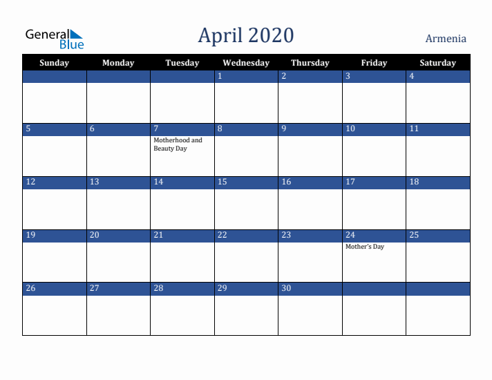 April 2020 Armenia Calendar (Sunday Start)