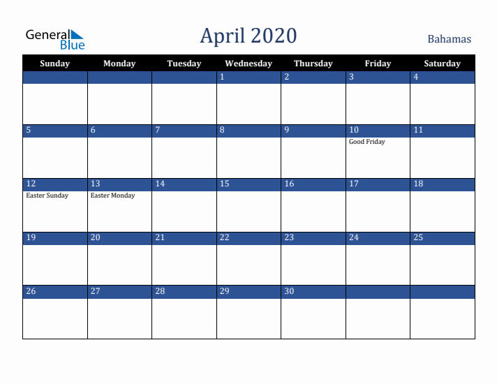 April 2020 Bahamas Calendar (Sunday Start)