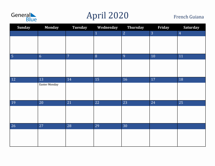 April 2020 French Guiana Calendar (Sunday Start)