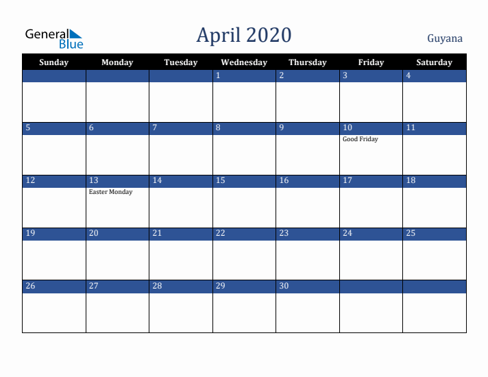 April 2020 Guyana Calendar (Sunday Start)