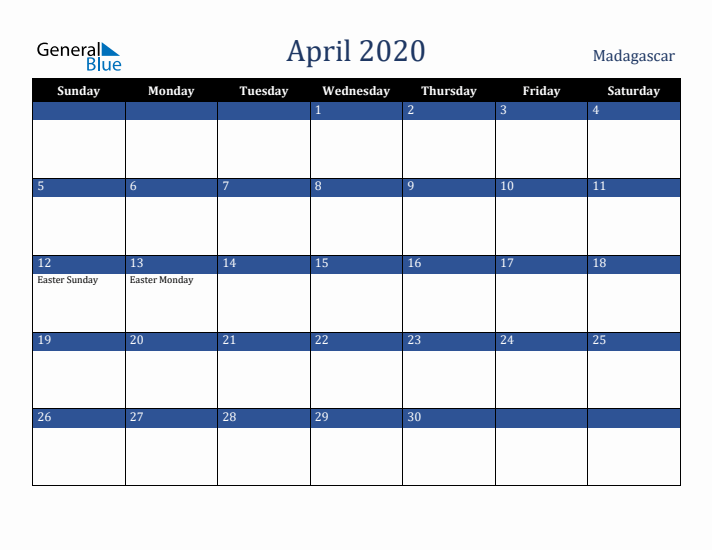 April 2020 Madagascar Calendar (Sunday Start)