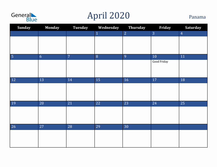 April 2020 Panama Calendar (Sunday Start)