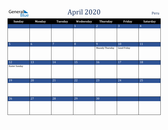 April 2020 Peru Calendar (Sunday Start)