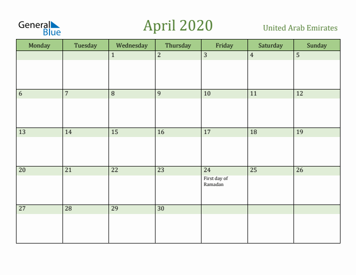 April 2020 Calendar with United Arab Emirates Holidays