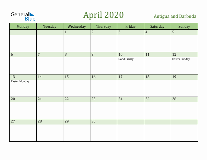 April 2020 Calendar with Antigua and Barbuda Holidays