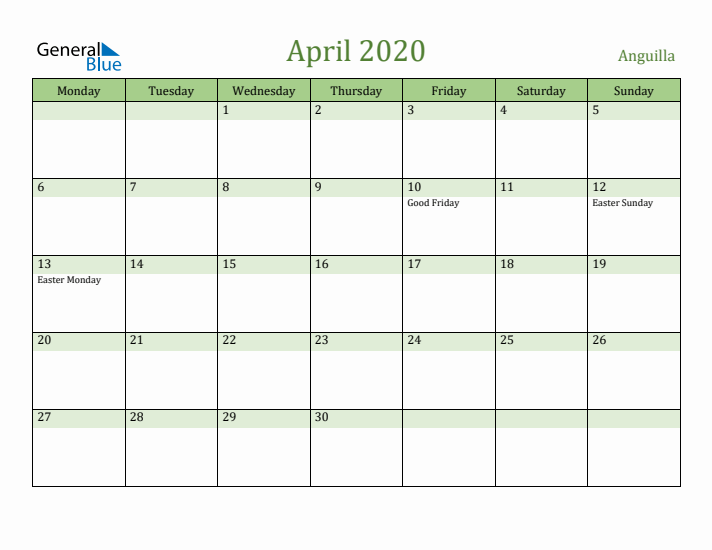 April 2020 Calendar with Anguilla Holidays