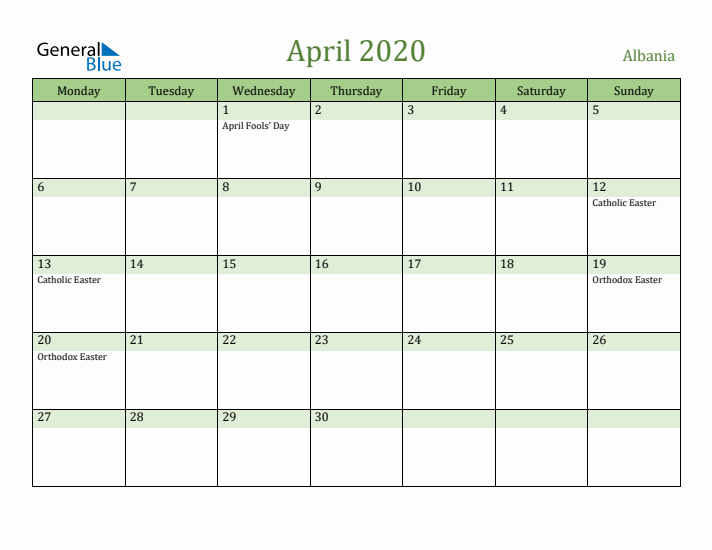 April 2020 Calendar with Albania Holidays