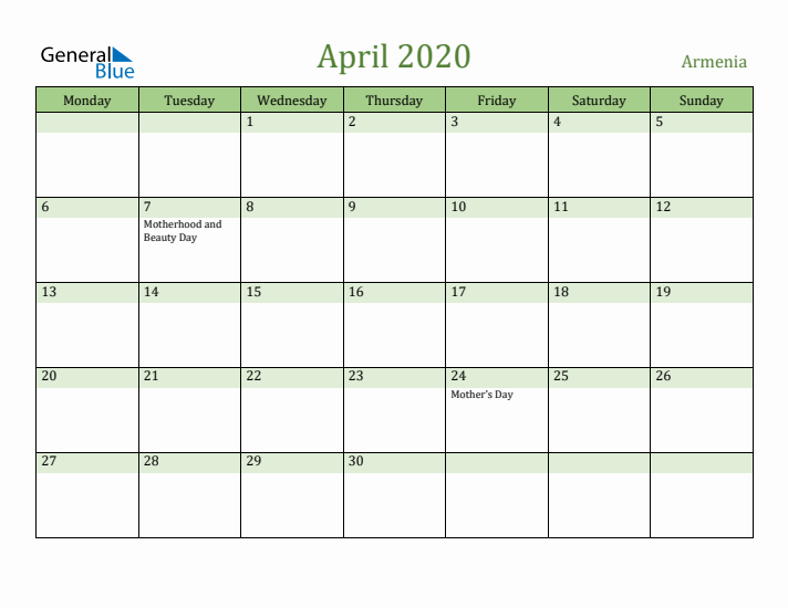 April 2020 Calendar with Armenia Holidays