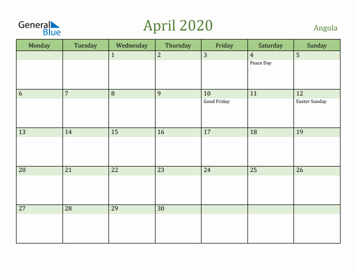 April 2020 Calendar with Angola Holidays