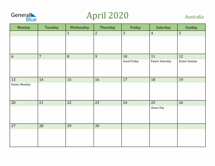 April 2020 Calendar with Australia Holidays