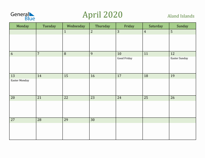 April 2020 Calendar with Aland Islands Holidays