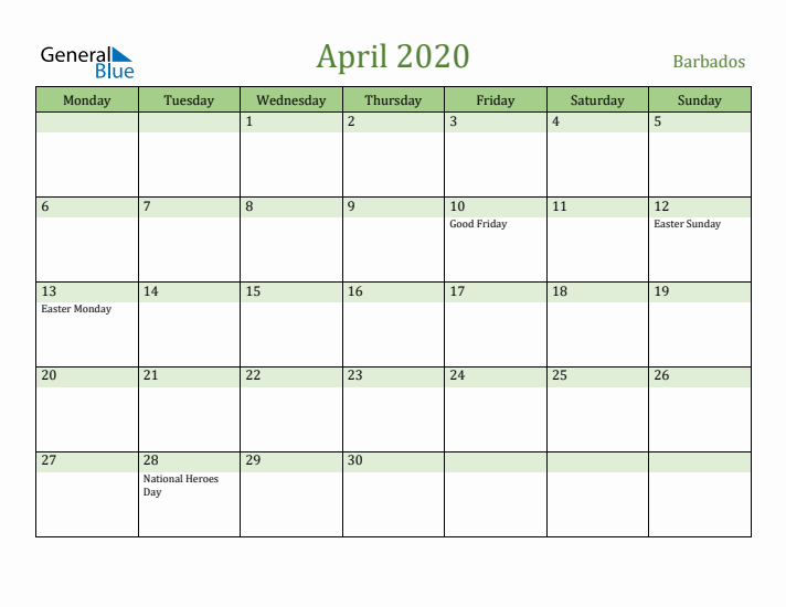 April 2020 Calendar with Barbados Holidays