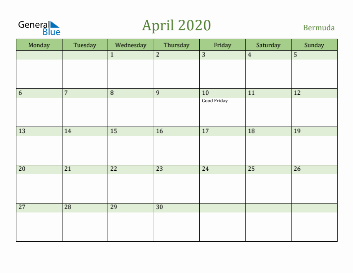 April 2020 Calendar with Bermuda Holidays