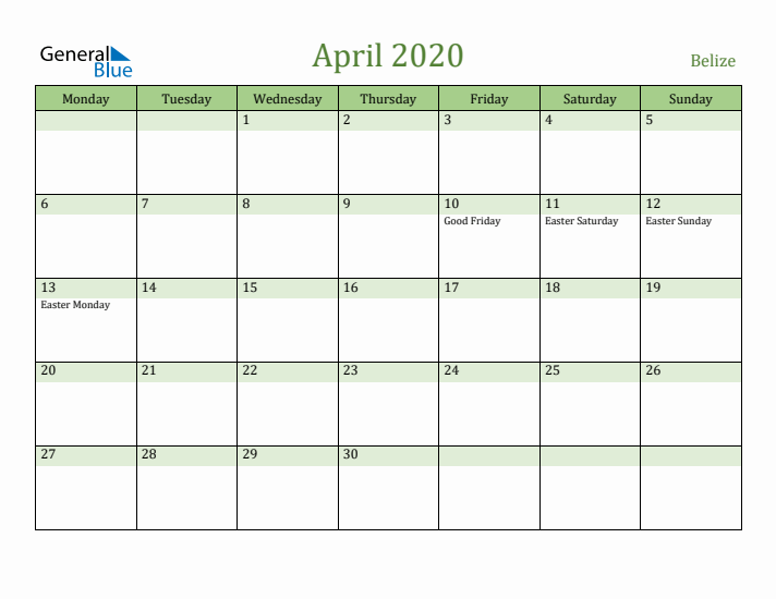 April 2020 Calendar with Belize Holidays