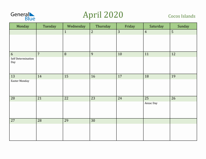 April 2020 Calendar with Cocos Islands Holidays