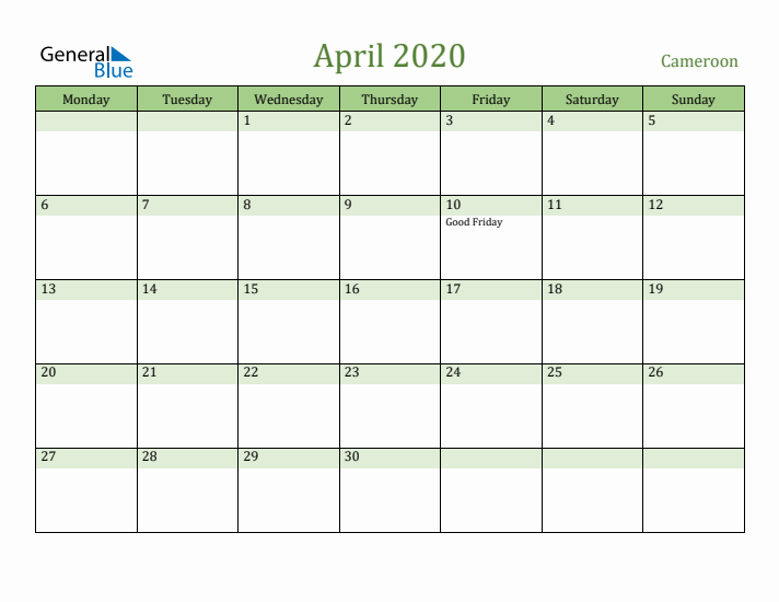 April 2020 Calendar with Cameroon Holidays