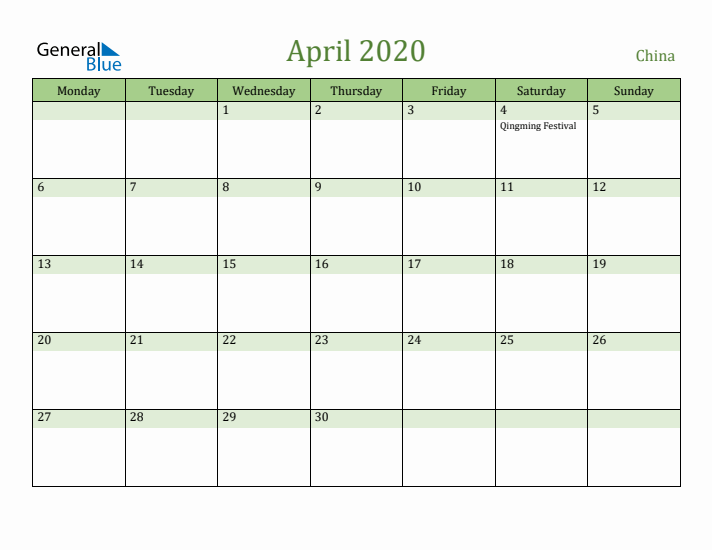 April 2020 Calendar with China Holidays