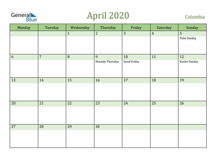 April 2020 Calendar with Colombia Holidays