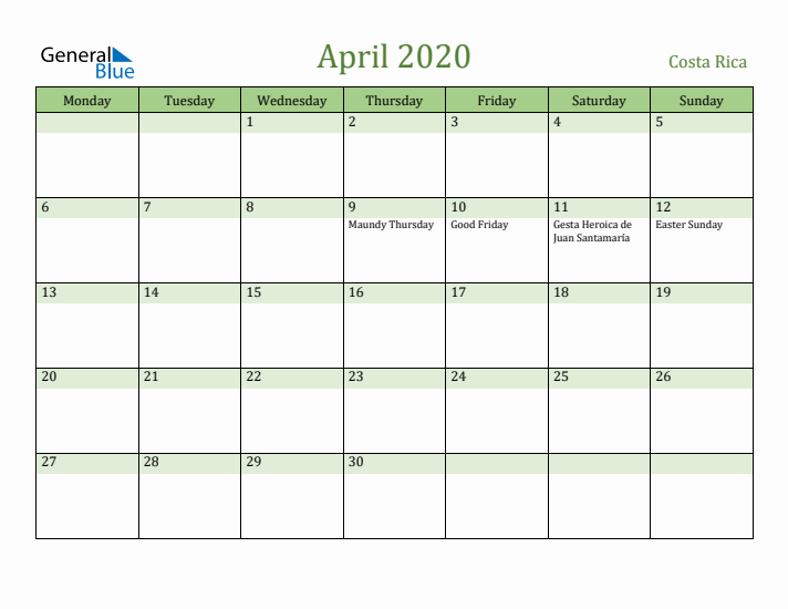 April 2020 Calendar with Costa Rica Holidays