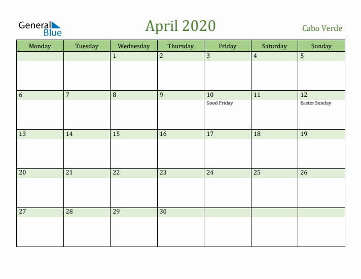 April 2020 Calendar with Cabo Verde Holidays