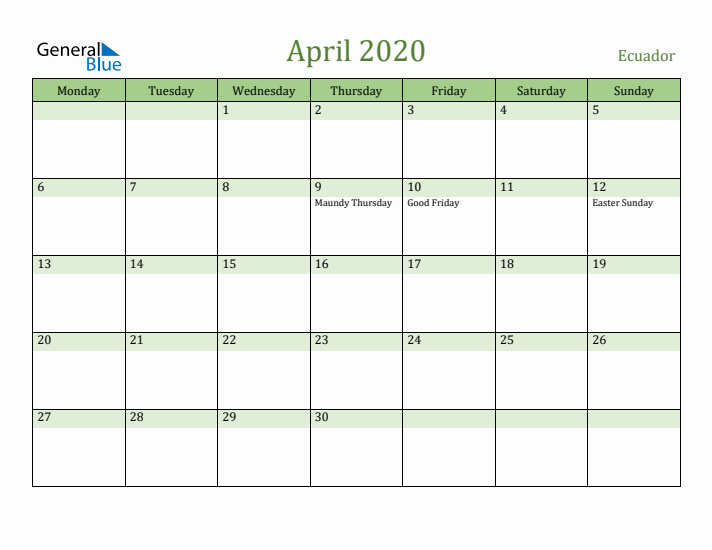 April 2020 Calendar with Ecuador Holidays