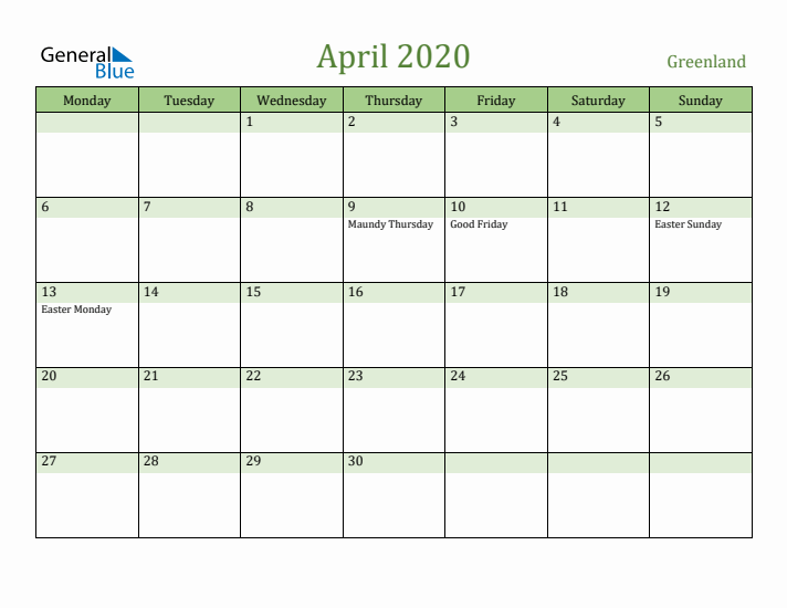 April 2020 Calendar with Greenland Holidays