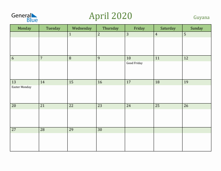 April 2020 Calendar with Guyana Holidays