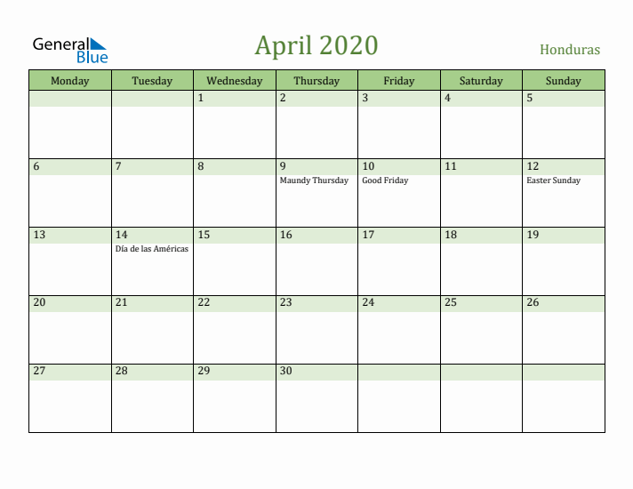 April 2020 Calendar with Honduras Holidays