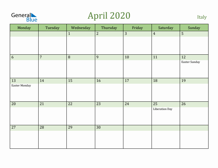 April 2020 Calendar with Italy Holidays