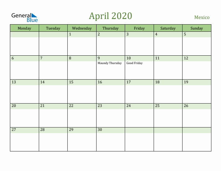 April 2020 Calendar with Mexico Holidays