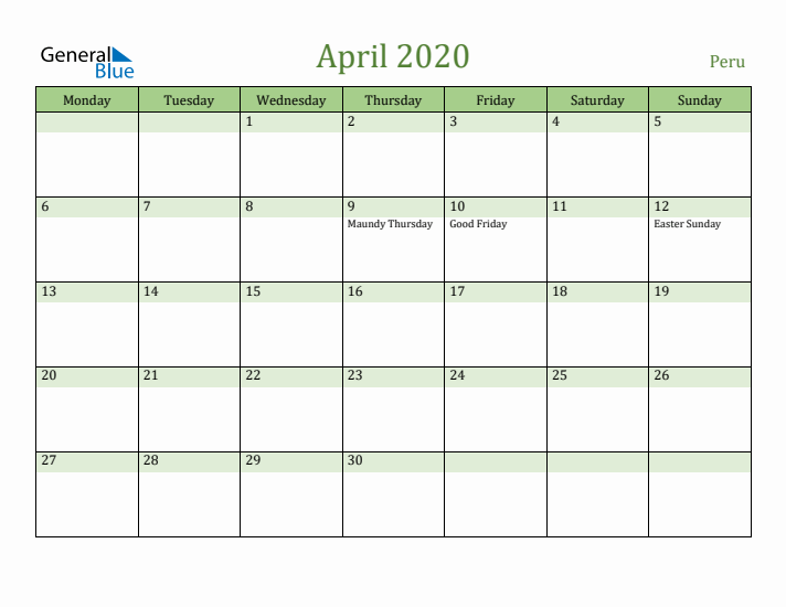 April 2020 Calendar with Peru Holidays