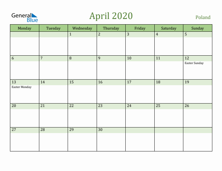 April 2020 Calendar with Poland Holidays