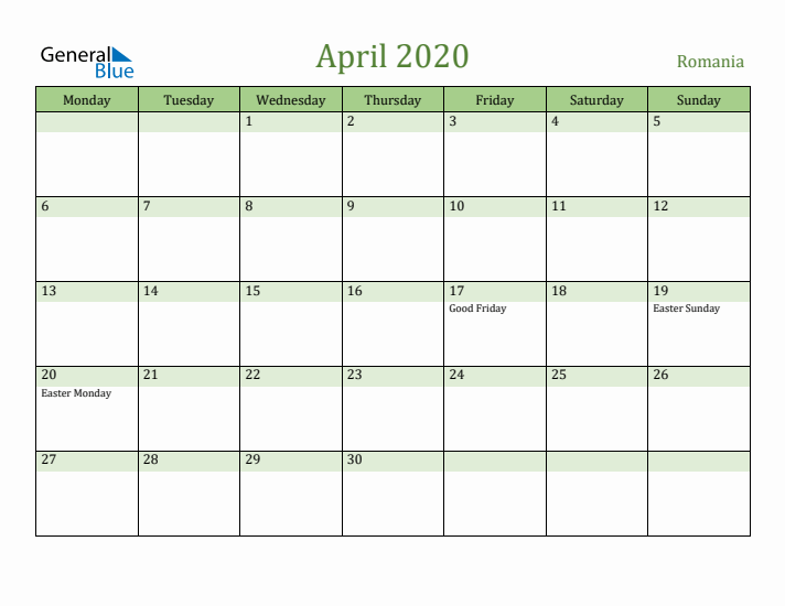 April 2020 Calendar with Romania Holidays