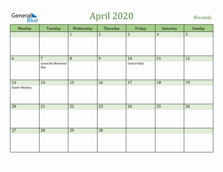 April 2020 Calendar with Rwanda Holidays