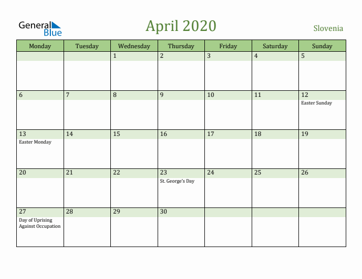 April 2020 Calendar with Slovenia Holidays