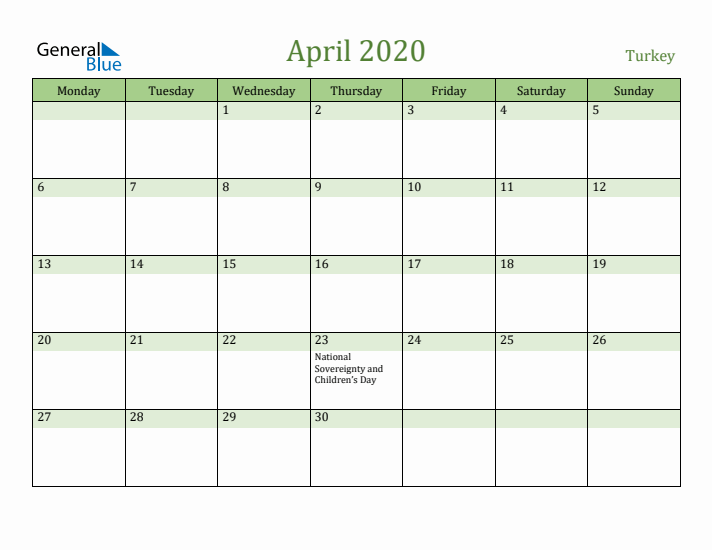 April 2020 Calendar with Turkey Holidays