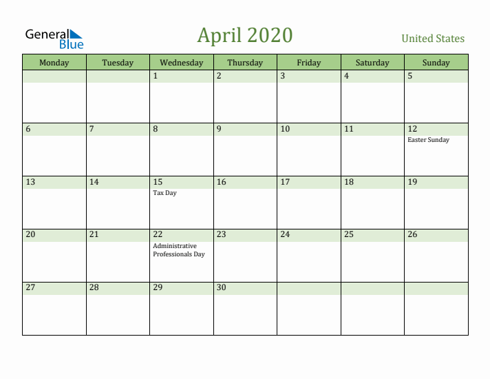 April 2020 Calendar with United States Holidays