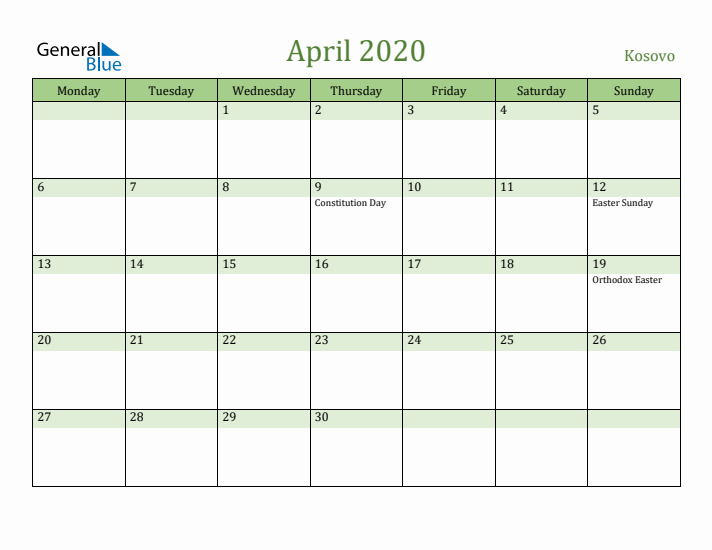 April 2020 Calendar with Kosovo Holidays